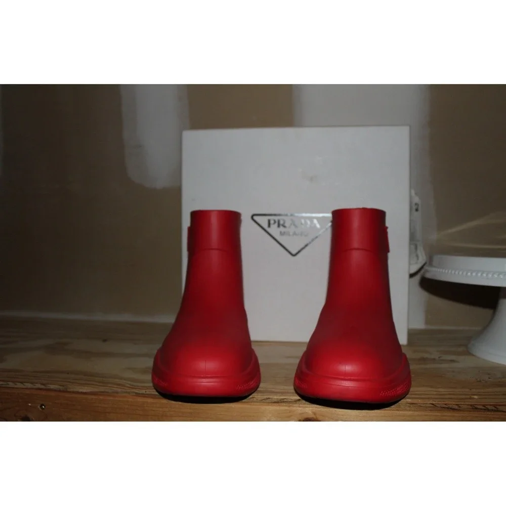 Prada Red Rubber Rain Boots Ankle Logo Monolithic Chunky Sole Mens Size 44‎